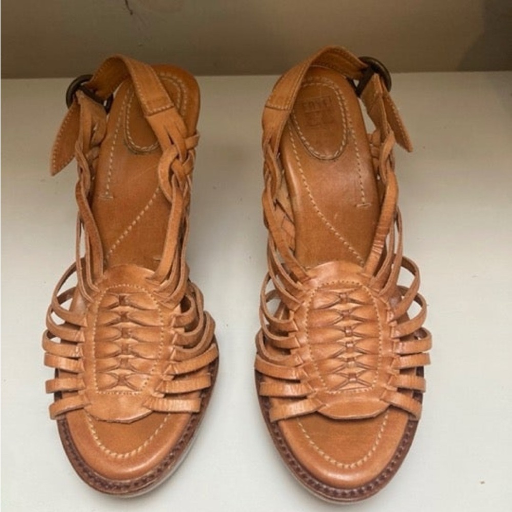 FRYE Joy Huarache Caged Brown Sling Leather Platfom Heels Sandals
